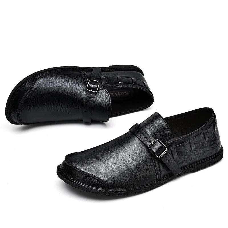 Sapatos Masculinos de Couro com Bico Largo e Sem Cadarço, Flats Casuais Minimalistas Antiderrapantes Primavera Verão Outono