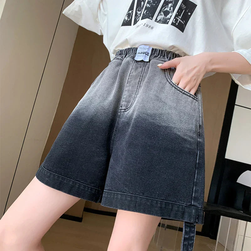 Plus Size Denim Shorts For Women Summer 2024 New High Elastic Waist Pockets Wide Leg Loose Jean Short Femme Hot Sale