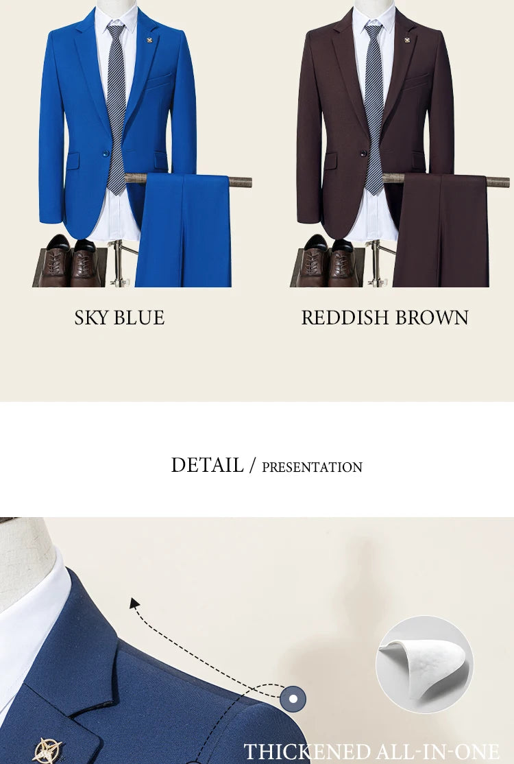 High Quality Men's Suit Slim Fit Solid Color Suit Formal Business Office Single Breasted Coat Pants 2 Pieces Set