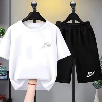 Kids Summer Boy Girl Round Neck Black T-shirt+Shorts Short-sleeved Toddler 3-12Y Casual Sports Set Fashion Pink letter print