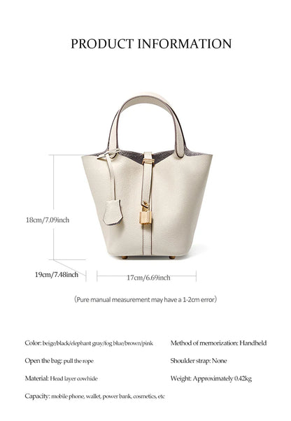 2025 Casual Fashion Female Genuine Leather Bucket Bag Luxury Handbag High-End Tote Bag Woman Cow Leather Mommy Bag & Metal Lock