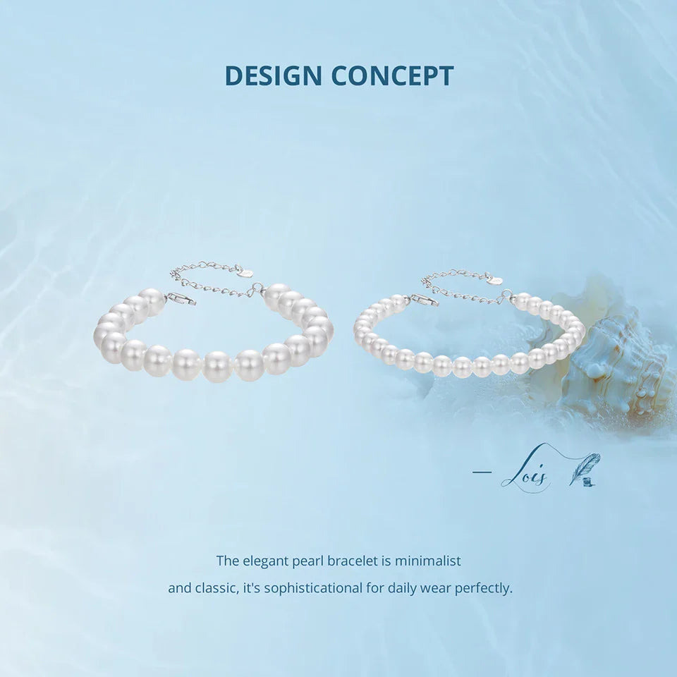 White Pearl Bracelets for Women, 925 Silver Adjustable Clasp Chain Faux Pearl Beaded Bracelets Bridal Wedding Jewelry