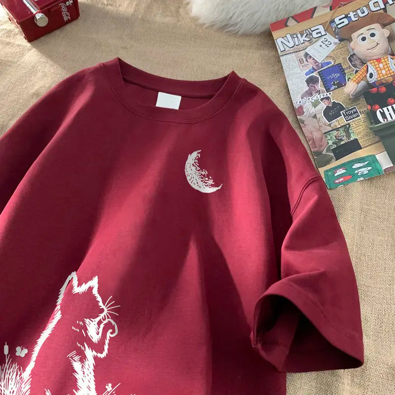 Men's T-shirts Oversized White Big Size 5XL Cotton T Shirt for Men Casual Summer Wear Cat Moon Print Tee Shirts Men Clothing