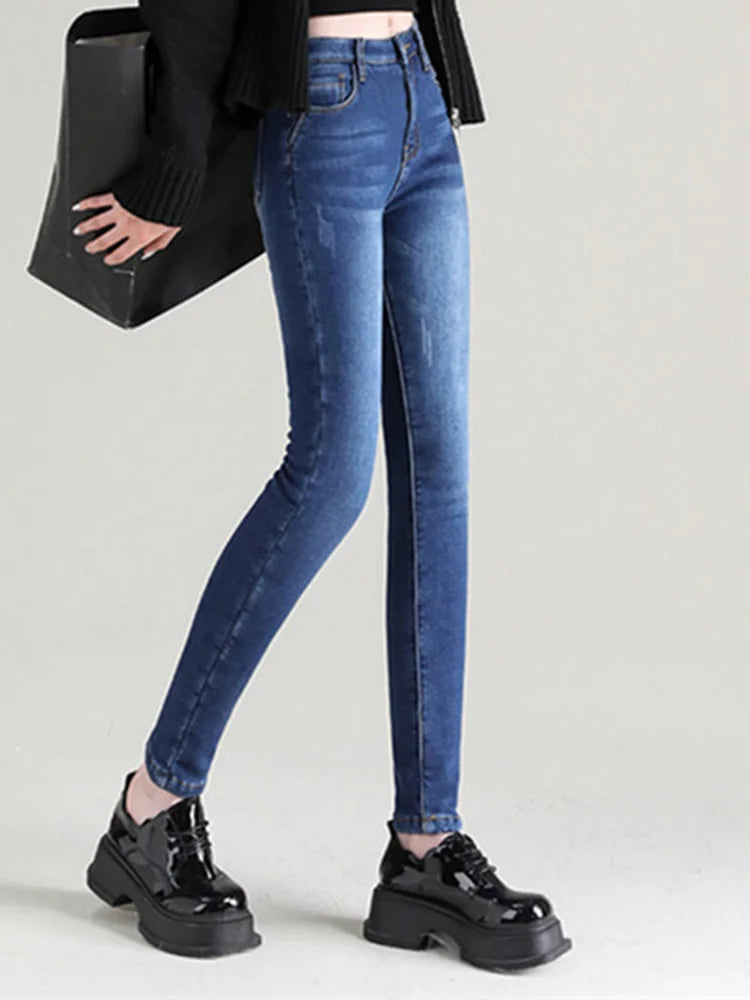 Women Spring Stretchy Skinny Pencil Pants Lady High Waist Vintage Jeans