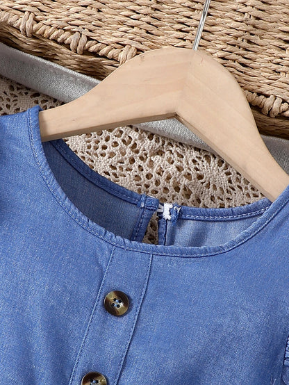 Vestido de Verão de Tela para Meninas, Jeans Falso, Gola Redonda com Babados, Carcela Falsa de Renda Bordada, Praia, Férias, Festa, Presente