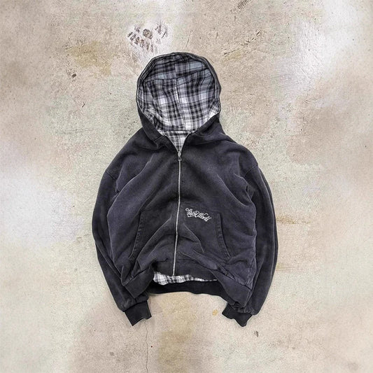 American Retro Reversible Plaid Zipper Hoodie Sweatshirt Mens Womens Casual Plaid Sweatshirt Solid Color Lining Y2K Street Style