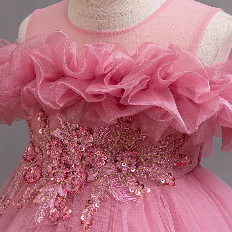 Purple Flower Bridesmaid Princess Dress For Girls Children Costumes Trailing Party Dresses Girls Dress Beaded Wedding Gown