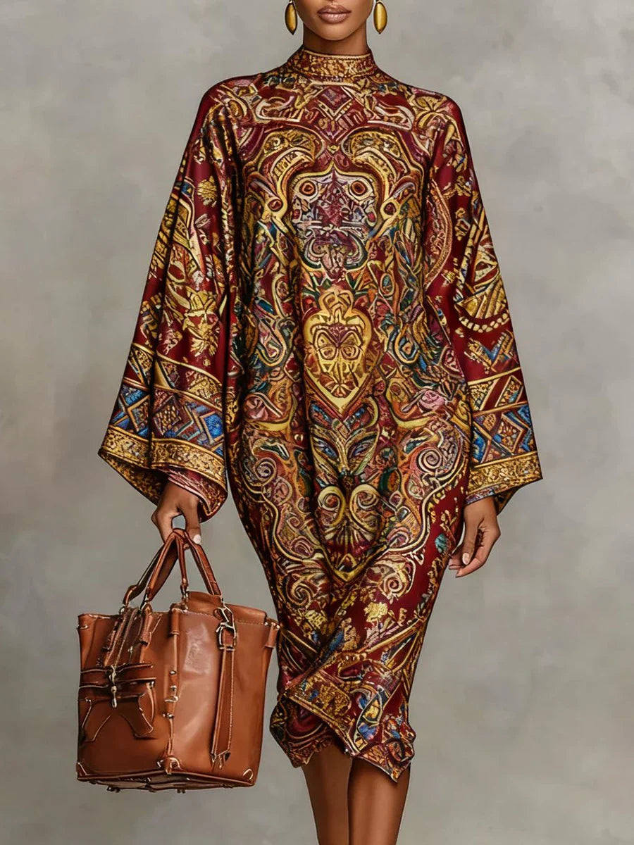 Women's Vintage Elegant Printed High Neck Kaftan Dress Long Sleeves Loose Elegant Evening Midi Dresses Robe 2026 New