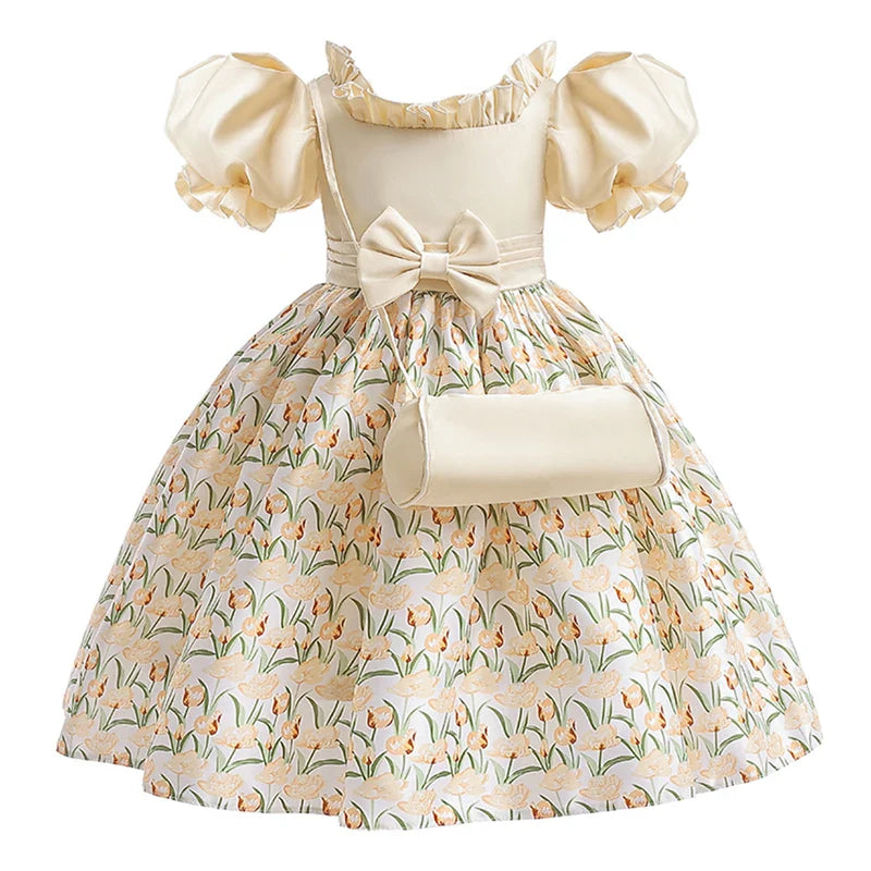 Summer Girls Dress With Bag Elegant Kid Floral Print Princess Party Dresses For Girl Children Costume Birthday Wedding Prom Gown