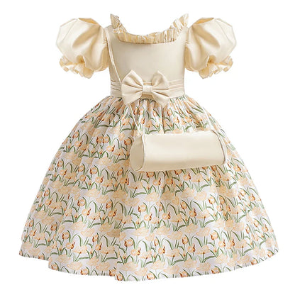 Summer Girls Dress With Bag Elegant Kid Floral Print Princess Party Dresses For Girl Children Costume Birthday Wedding Prom Gown