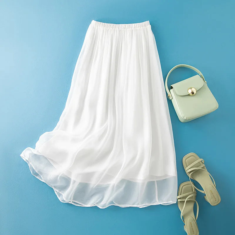 Women 100%Real Silk Elegant Skirts, Elastic Waist Solid, French Temperament Fairy Commute Skirt, 2025 Summer B56433CC
