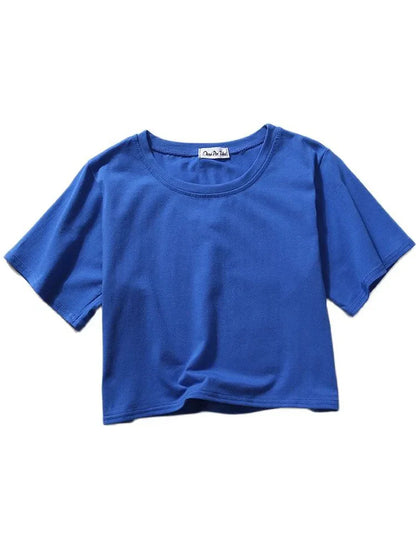 Summer Short Sleeve T Shirts Women  Solid T-shirt O Neck High Waist Crop Top Tee Female Casual Loose T Shirt