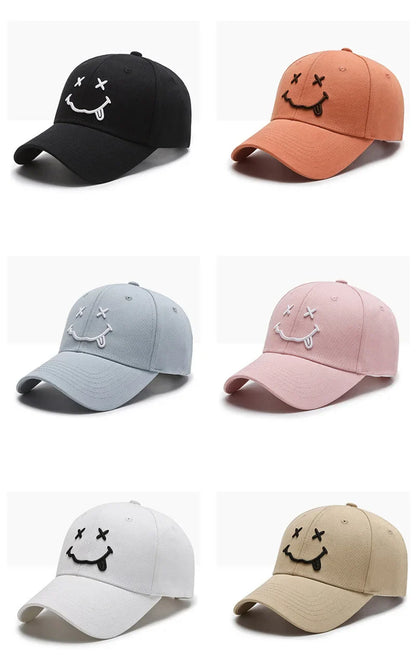 Women's Smiley Face Embroidery Baseball Caps Kpop Black Cotton Adjustable
