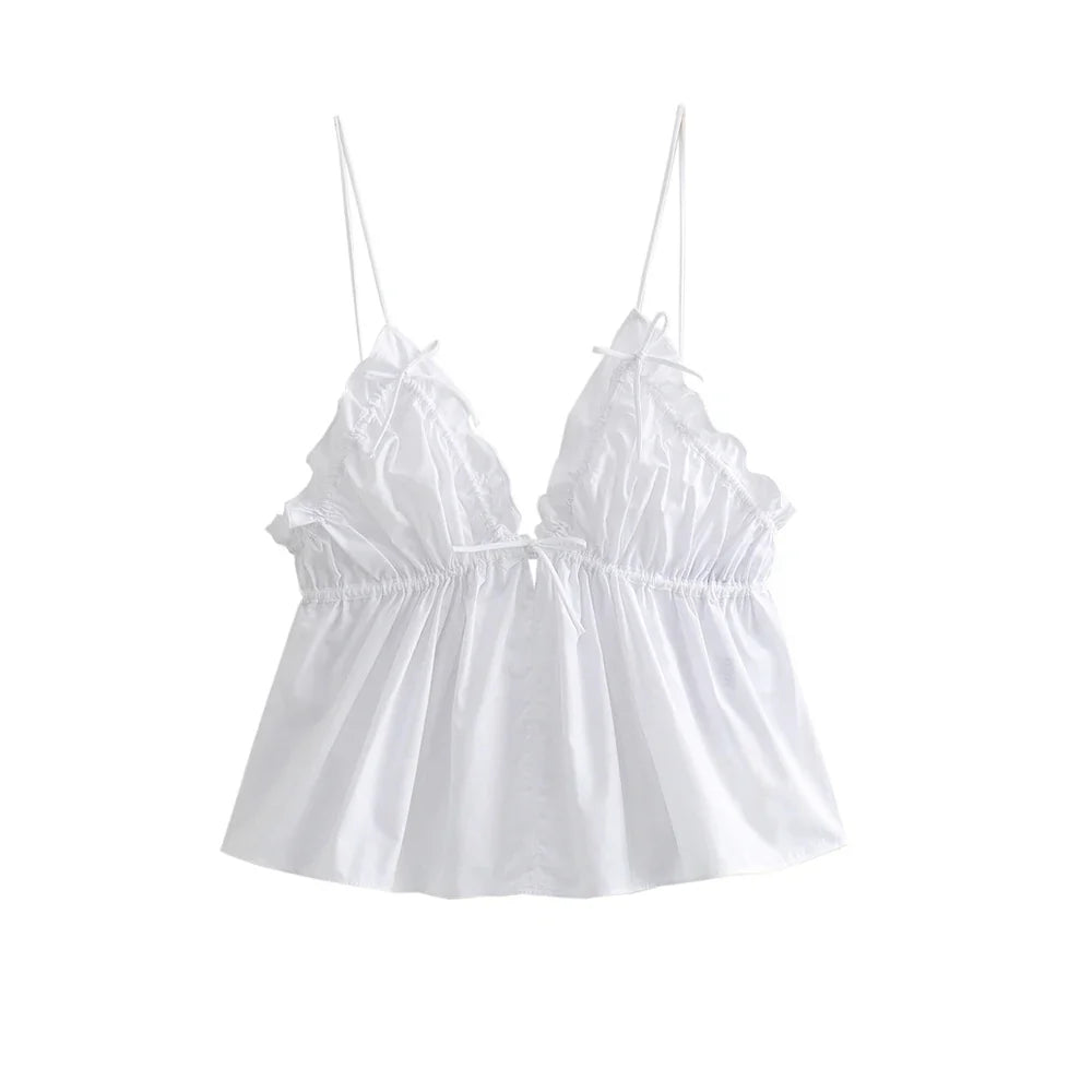 Women's Sexy Fashion Bow Tied Ruffled V-Neck Tank Top Thin Straps Backless Camisole Female Mujer
