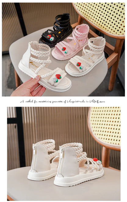 Kids Girls GLADIATOR Sandals Open Toe Knitted Strawberry Summer Non Slip Flat Fashion Children Casual Shoes Roman Shoes Simple