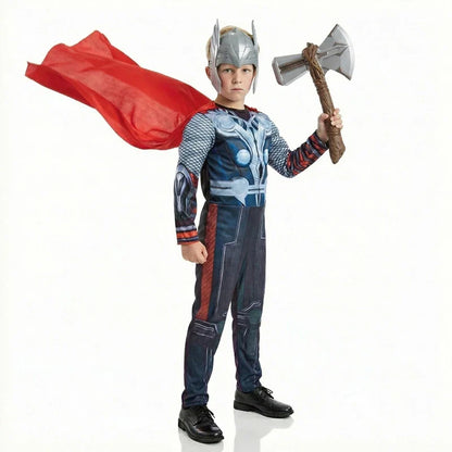 Kids Thor Superhero Cape Costume with Mask Jumpsuit for Halloween Cosplay Party Boys Girls Holiday Dress Up with Plastic Hammer
