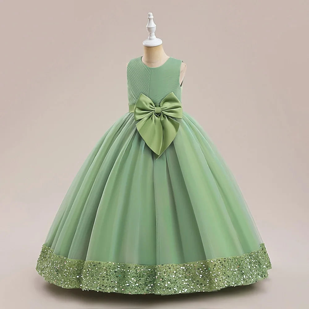 Teen Girls Luxury Big Bow Evening Gown Wedding Bridesmaid Party Dress For Girl Kids Sequin Princess Birthday Dresses Summer Wear