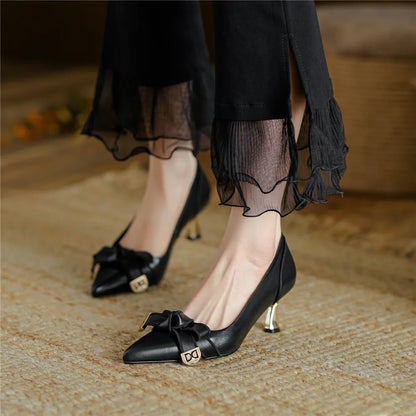 2025 French Style Genuine Leather Sandals Women Covered Toe Butterfly Knot Party Dating Sandals Office Ladies Pumps