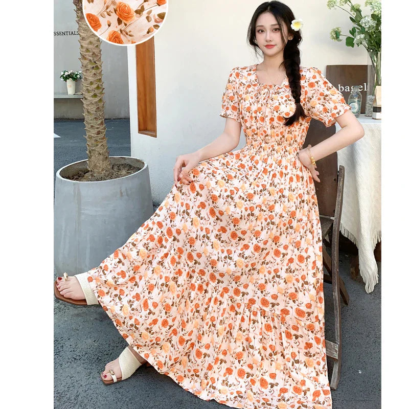 Summer New Cotton Silk Floral Print Maxi Dr ort Sve Beachwear High Waist Young Women's Large Skirt Swing Dr