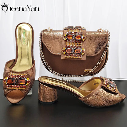 Fashion Mature  Brushed Style Rainbow Color Rhinestone Decoration Design Party Wedding Lady High Heels and Bag Set