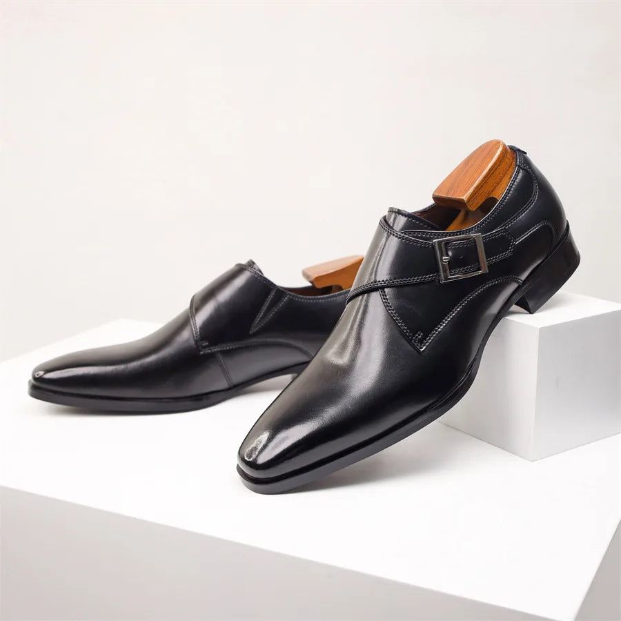 Men's Cow Leather Shoes Buckle Pointed Dress Shoes Men Classic Business Formal Social Office Party Wedding Shoes