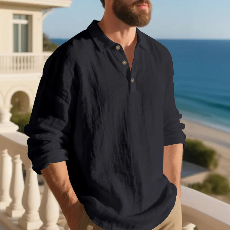 Linen shirt stand-up collar button-down men's loose casual breathable V-neck long-sleeved polo shirt