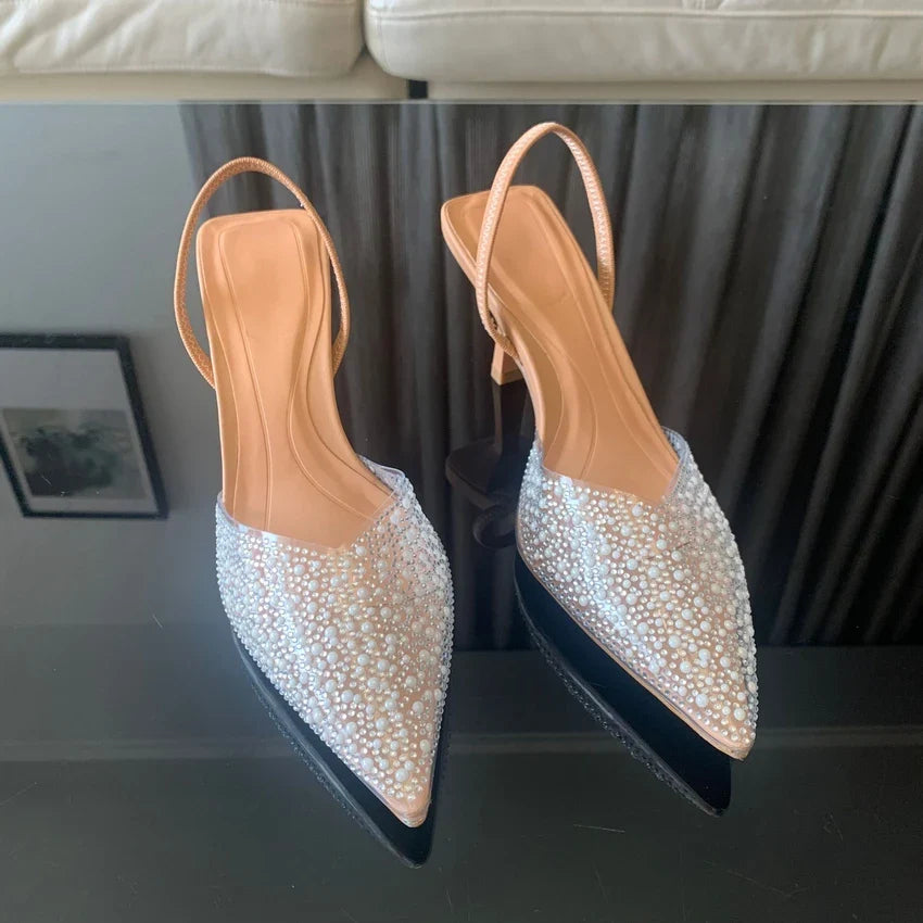 2024 Moda Verão Feminina Salto Alto Decoração de Pérolas Slingback Scarpin Feminino Salto Fino Bico Fino Sandálias Sapatos Femininos Elegantes