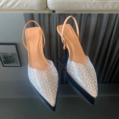 2024 Moda Verão Feminina Salto Alto Decoração de Pérolas Slingback Scarpin Feminino Salto Fino Bico Fino Sandálias Sapatos Femininos Elegantes