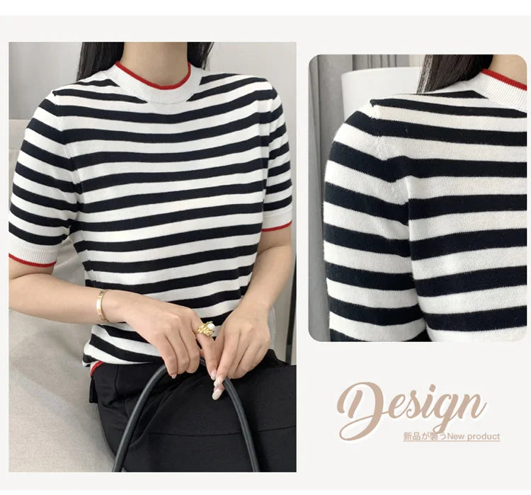 Summer Women's O-Neck Striped 100% Cotton Short Sleeve T-Shirt With Loose Pullover Casual Knit Top High Quality 5 Sizes