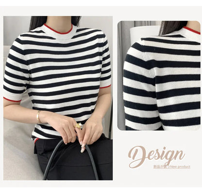 Summer Women's O-Neck Striped 100% Cotton Short Sleeve T-Shirt With Loose Pullover Casual Knit Top High Quality 5 Sizes