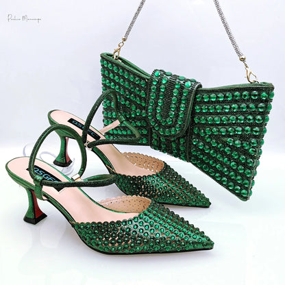 Hot Selling Italian Design African Women's Crystal High Heel Toe Sandals Party Wedding Party Silver Shoes and Bag Set