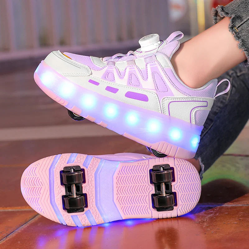 Boys Girls Roller Shoes Pink Blue Four Wheels Luminous Glowing Kids Outdoor Sport Casual Shoes USB Children Led Sneakers Shoes