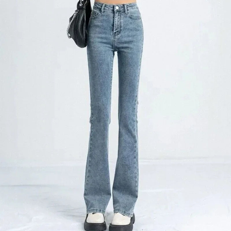 High Waist Elastic Boot Cut Pants Denim Bell Bottom Trousers