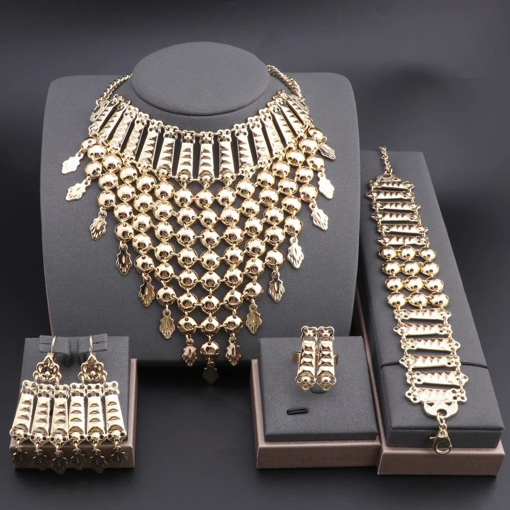 Novo Conjunto de Joias Banhado a Prata com Franjas, Colar, Brincos, Pulseira e Anel para Mulheres, Correntes de Noiva, Joias de Casamento Étnicas, Presentes para Noivas