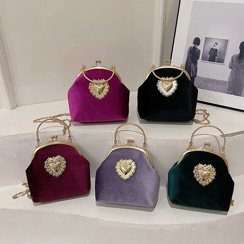 Velvet Frame Heart Dinner Hand Bags Diamonds Chains High Quality Shoulder and Crossbody Bags for Women 2024 Fashion Hot Sale