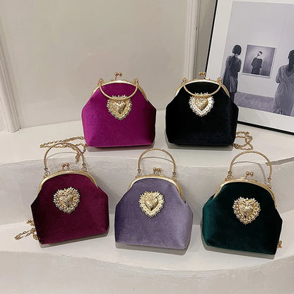 Velvet Frame Heart Dinner Hand Bags Diamonds Chains High Quality Shoulder and Crossbody Bags for Women 2024 Fashion Hot Sale