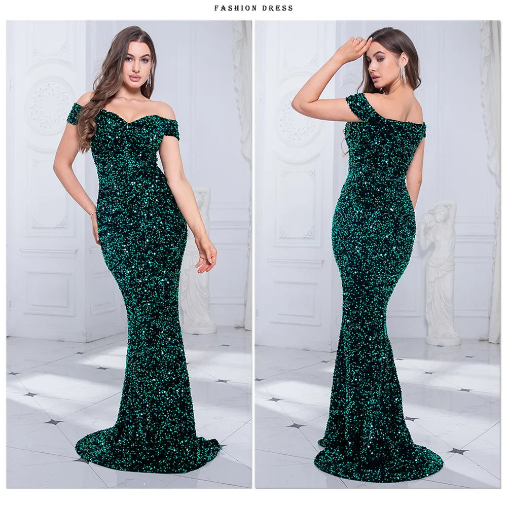 Vestido de Noite Sereia Romagic com Ombro a Ombro Vermelho, Paetê Elástico, Veludo, Gola Cortada, Comprimento Longo, Vestido de Luxo para Festa Feminina