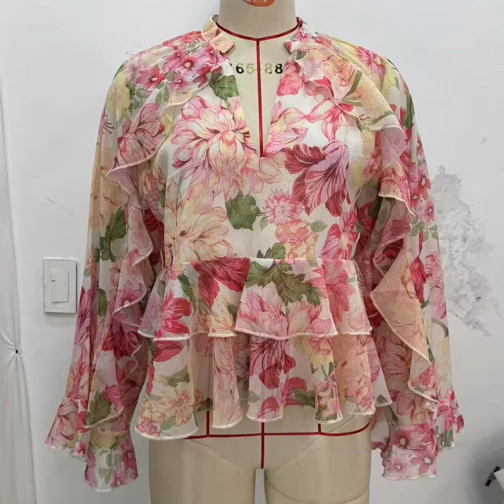 Women New Fashion Summer Casual Chic Women Blouse V-Neck Tiered Long Sleeve Loose Shirts Vintage Style Tops 3130359