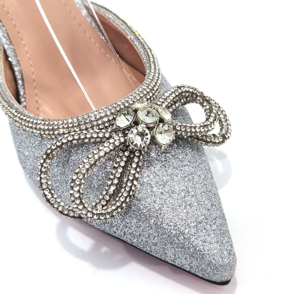 Ladies Pointed-Toe Party High Heels Magenta Colour Bow Rhinestone Stereo Bag Evening  African Wedding Shoe And Bag Set