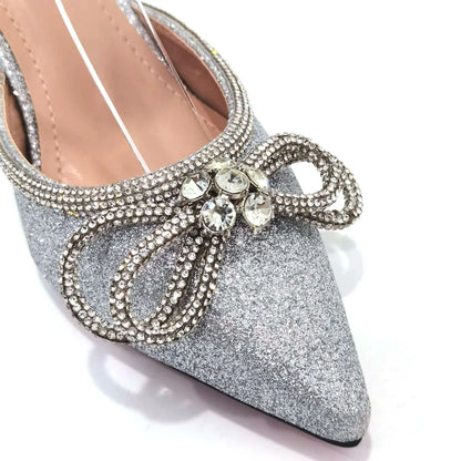 Ladies Pointed-Toe Party High Heels Magenta Colour Bow Rhinestone Stereo Bag Evening  African Wedding Shoe And Bag Set