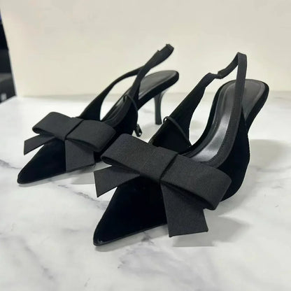 Black Velvet Butterfly-knot Designer Heeled Sandals Women Sexy Pointed Toe Slingbacks Women Pumps Elegant Party Dress High Heels