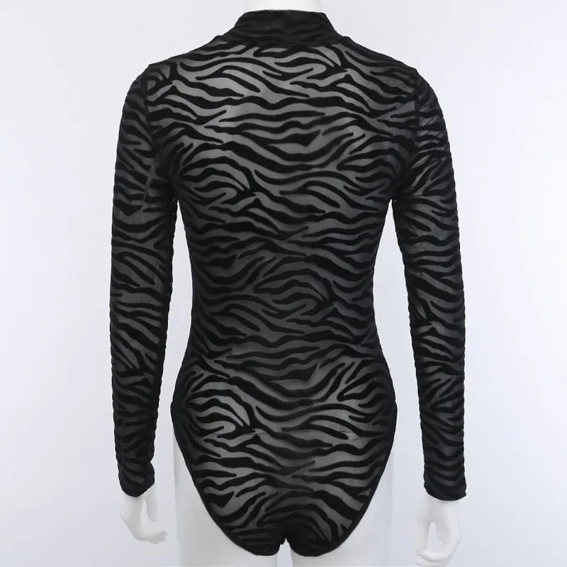 Black Striped Sexy Bodysuit Lingerie See Through Mesh Body Feminino Long Sleeve One-pieces Bustier Turtleneck Corset Tops Women