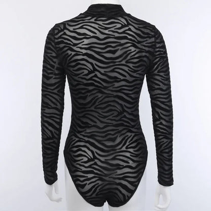 Black Striped Sexy Bodysuit Lingerie See Through Mesh Body Feminino Long Sleeve One-pieces Bustier Turtleneck Corset Tops Women