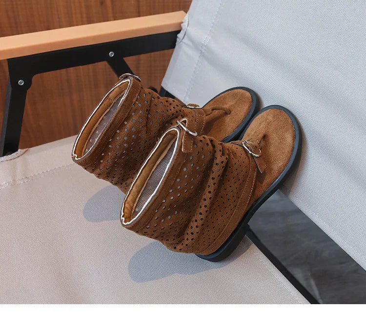 Ankle-strap Summer Slouchy Boots for Girls Suede Leather High-top Sandals Princess Cut-outs Flip Flop Dress Shoes Child J03203