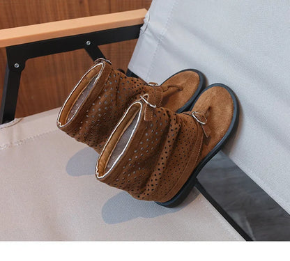 Ankle-strap Summer Slouchy Boots for Girls Suede Leather High-top Sandals Princess Cut-outs Flip Flop Dress Shoes Child J03203