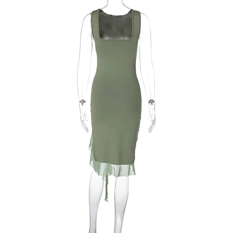 Women Maxi Dress Summer Elegant Solid Sleeveless Nipped Waist Slim Backless Ruffled Irregular Party Dresses Streetwear