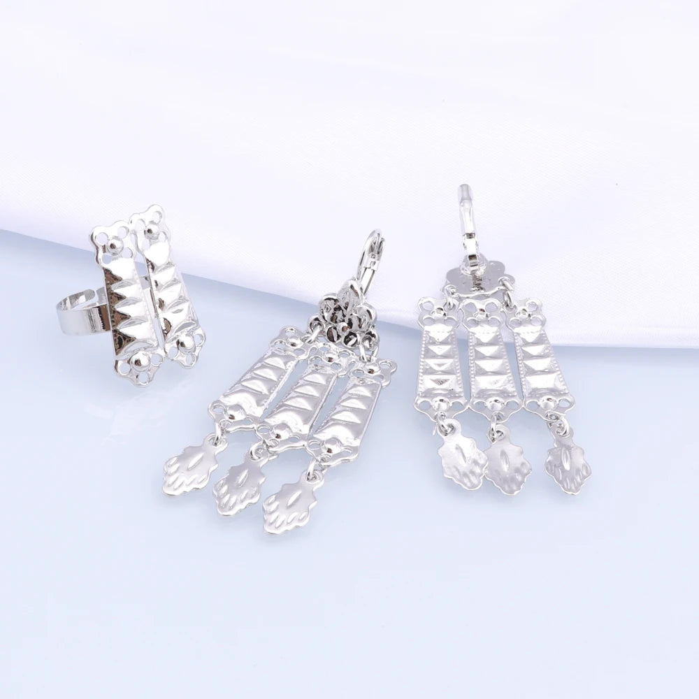 Novo Conjunto de Joias Banhado a Prata com Franjas, Colar, Brincos, Pulseira e Anel para Mulheres, Correntes de Noiva, Joias de Casamento Étnicas, Presentes para Noivas