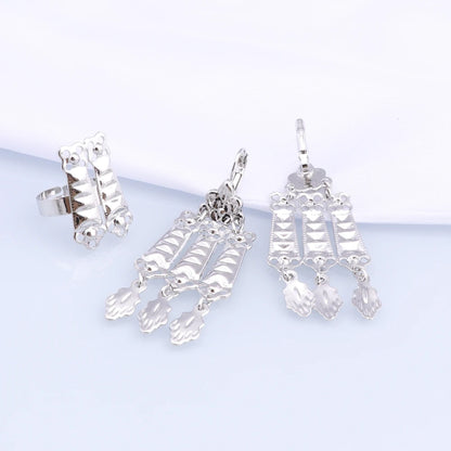 Novo Conjunto de Joias Banhado a Prata com Franjas, Colar, Brincos, Pulseira e Anel para Mulheres, Correntes de Noiva, Joias de Casamento Étnicas, Presentes para Noivas