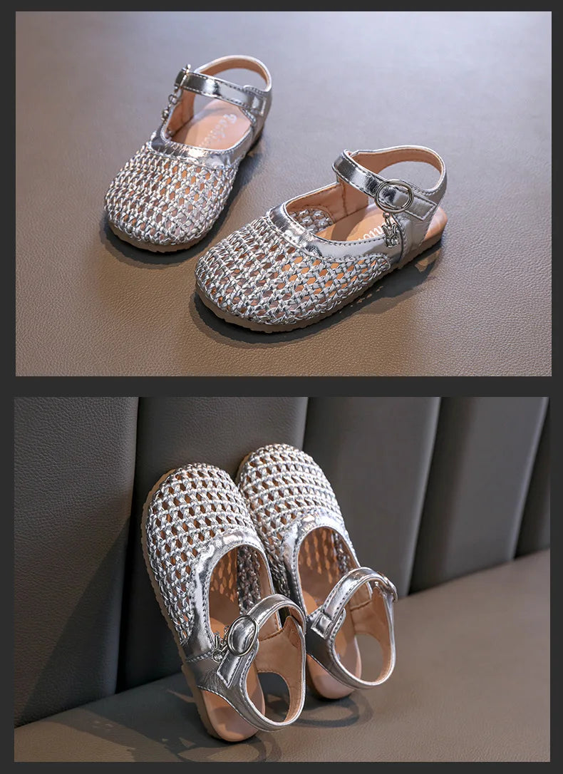 2026 Summer New Girls Woven Princess Shoes Cute Soft Sole Closed Toe Sandals Korean Style Kids Beach Shoes
