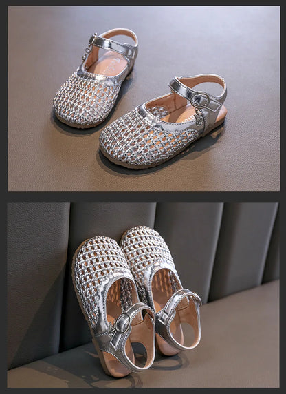 2026 Summer New Girls Woven Princess Shoes Cute Soft Sole Closed Toe Sandals Korean Style Kids Beach Shoes